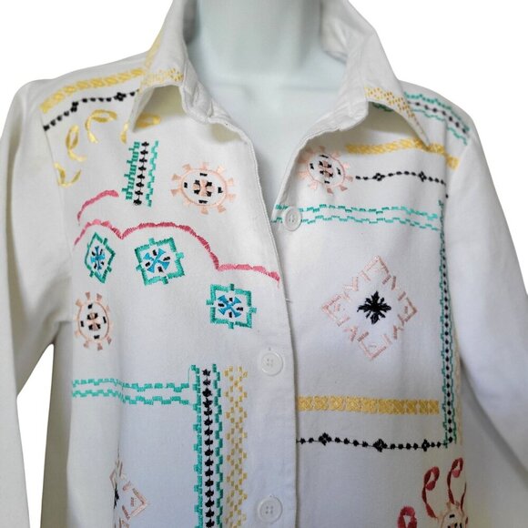 BFA Classic White Cottagecore Embroidered Denim Button Up Shaket SZ S - Picture 4 of 7